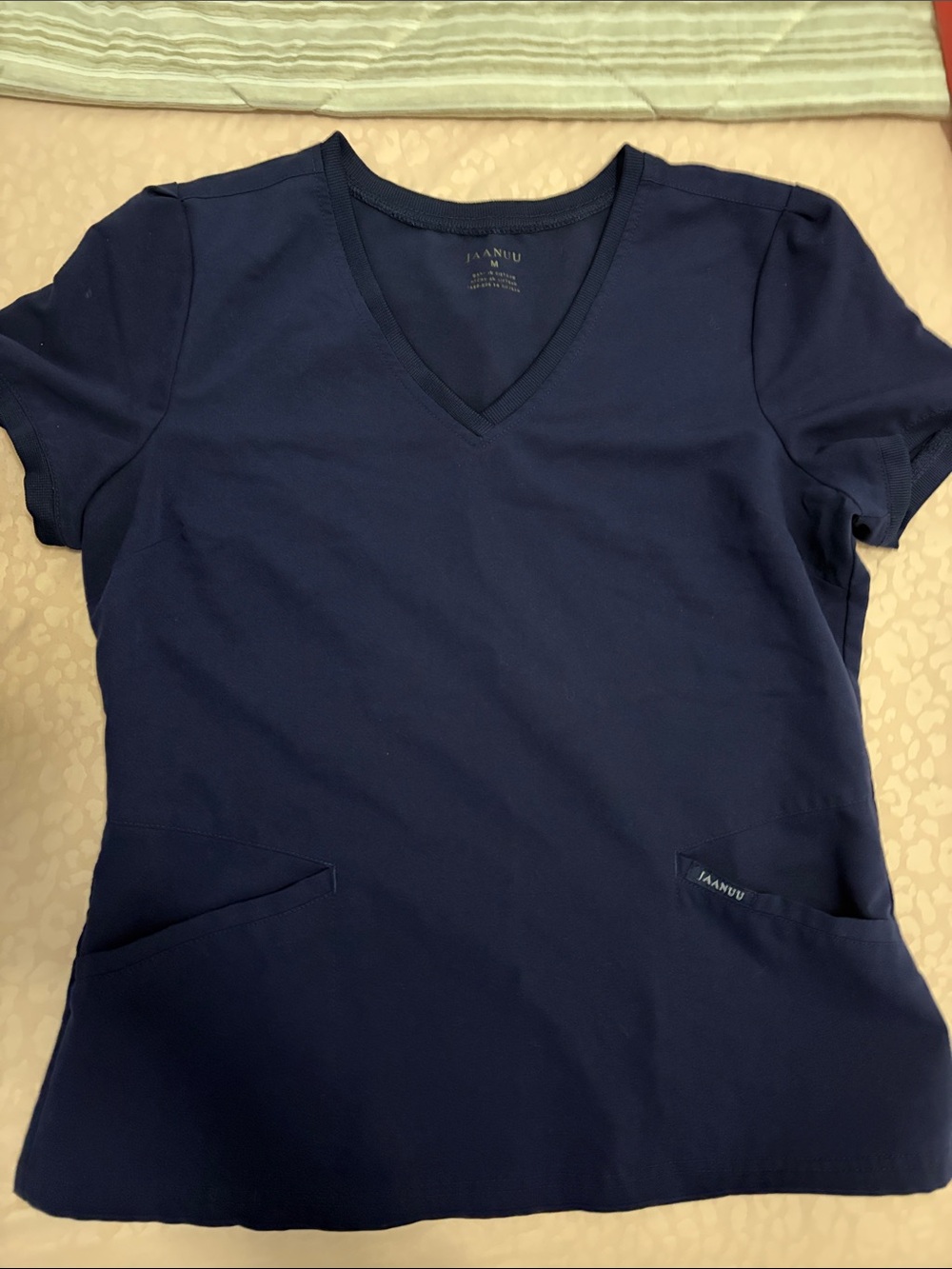 Jaanuu Women's V-Neck Short Sleeve Scrub Top in Navy Blue